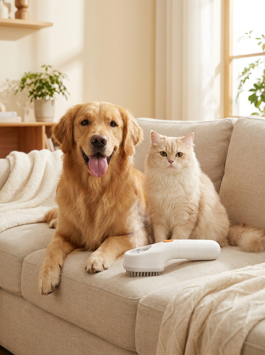Un perro y un gato en el sofá junto al cepillo vapor MimosPet