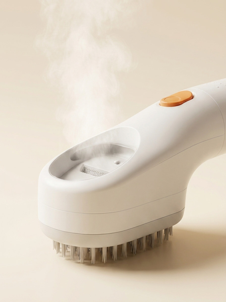 Detalle de la pulverización del cepillo vapor blanco MimosPet