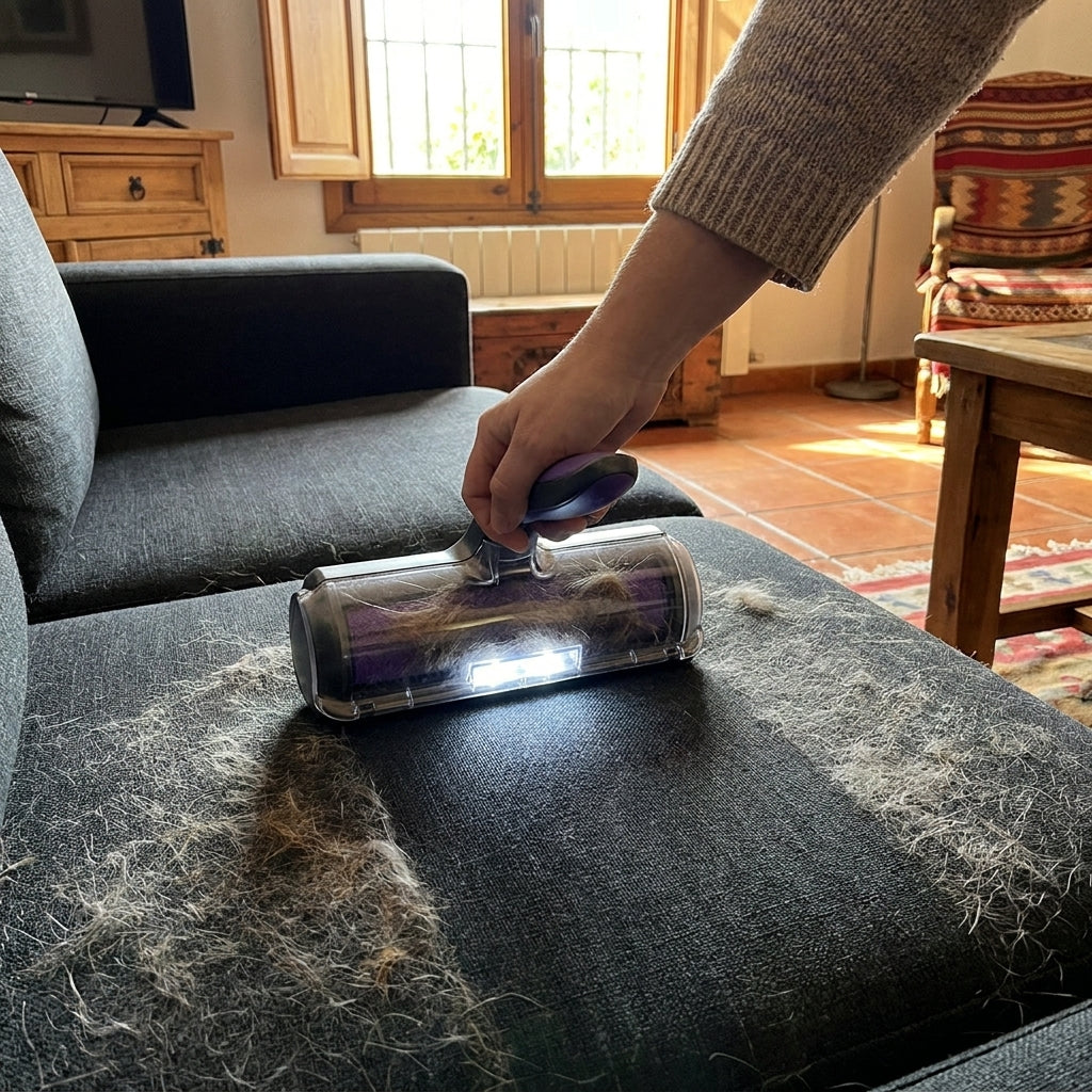 Eliminando pelo de mascota del sofá con el Removedor Sónico