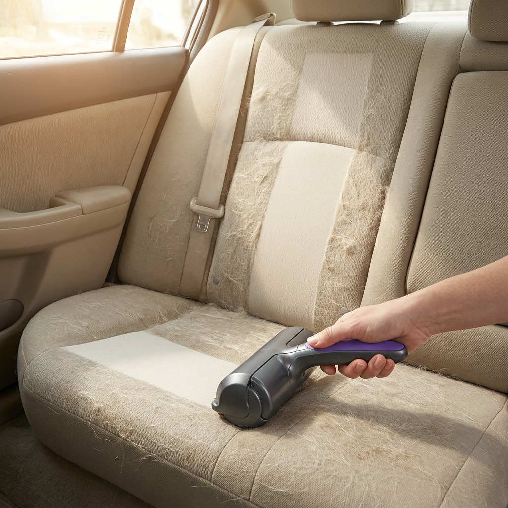 Removedor de Pelo Sónico eliminando pelo del asiento del coche
