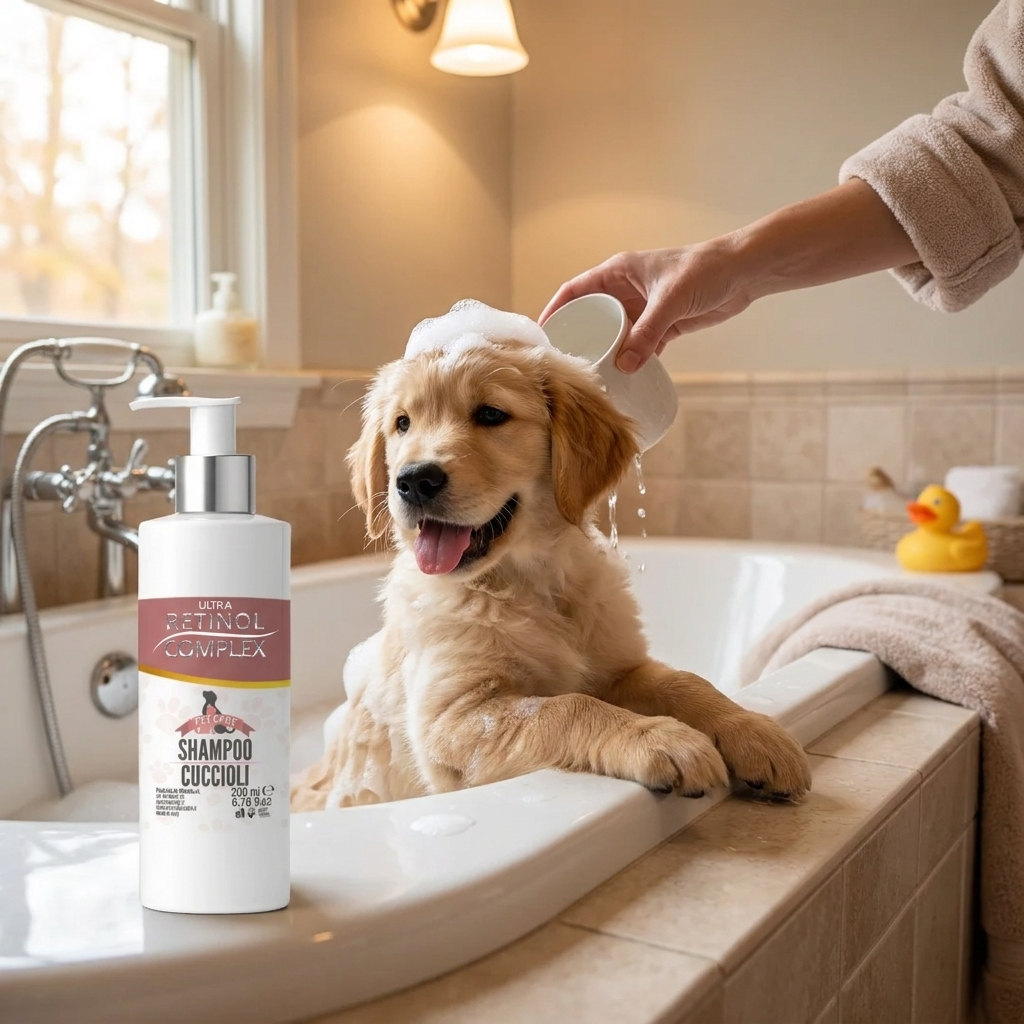 Cachorro en el baño con el Champú Retinol Complex