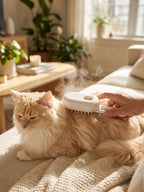 Cepillado con vapor a un gato de pelo largo en el sofa