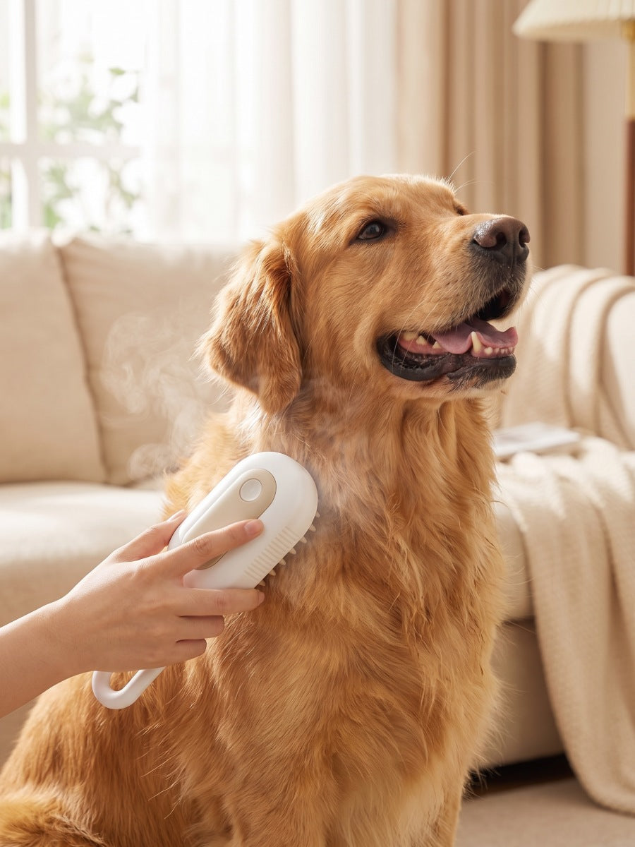 Cepillando a un golden retriever con el Cepillo Vapor MimosPet