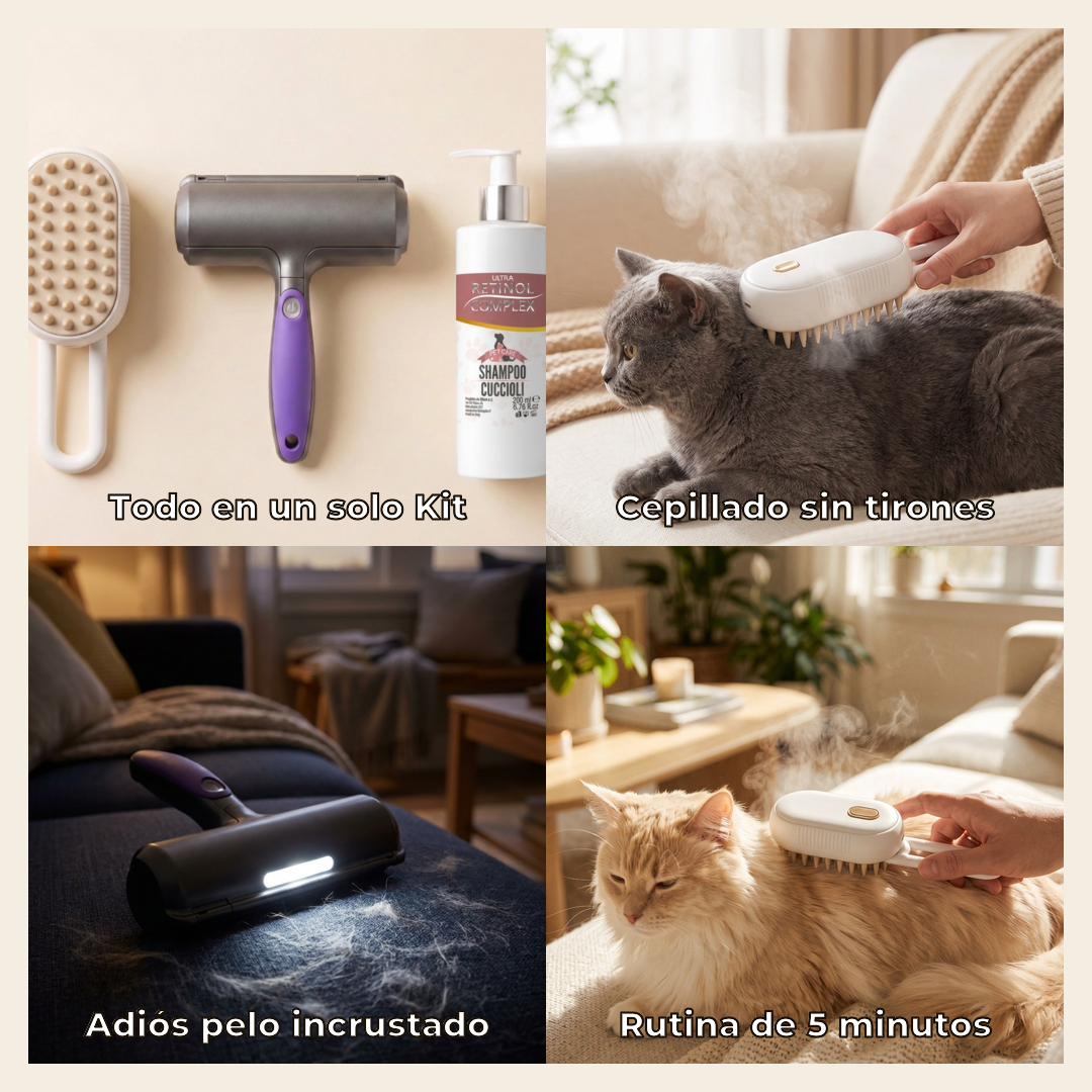 Beneficios del Kit Casa Sin Pelo con los tres productos reales en uso