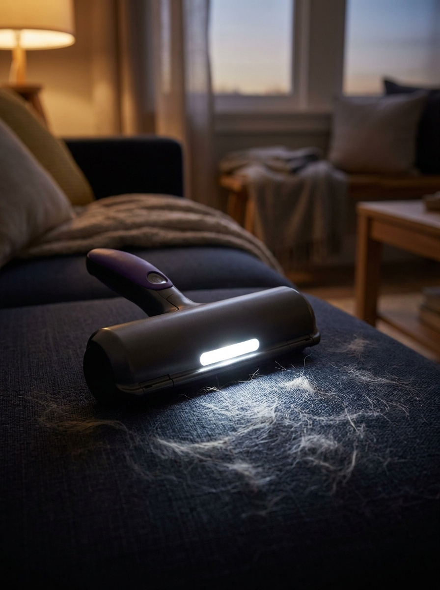 Removedor sónico con luz LED encendida sobre un sofá azul con pelo de mascota